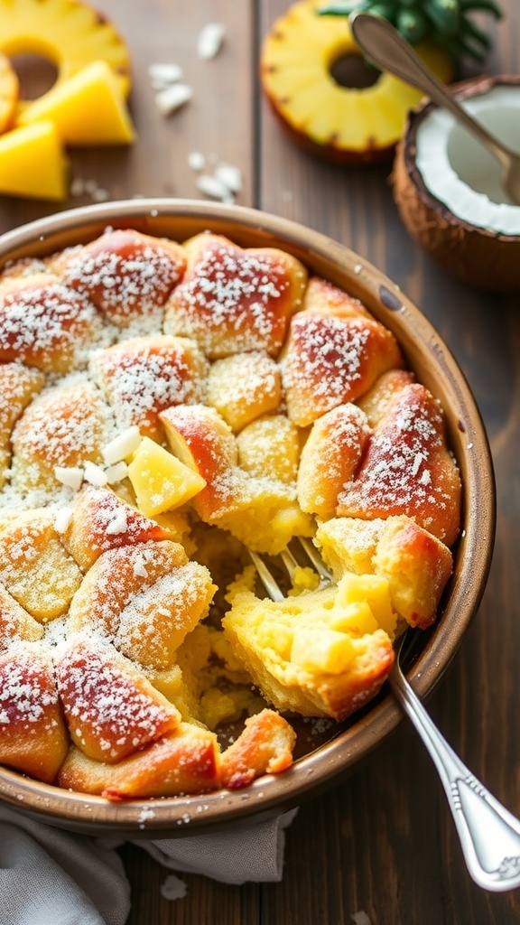Hawaiian King Bread Pudding A slice of Hawaiian bread pudding with pineapple and coconut, dusted with powdered sugar, on a wooden table.